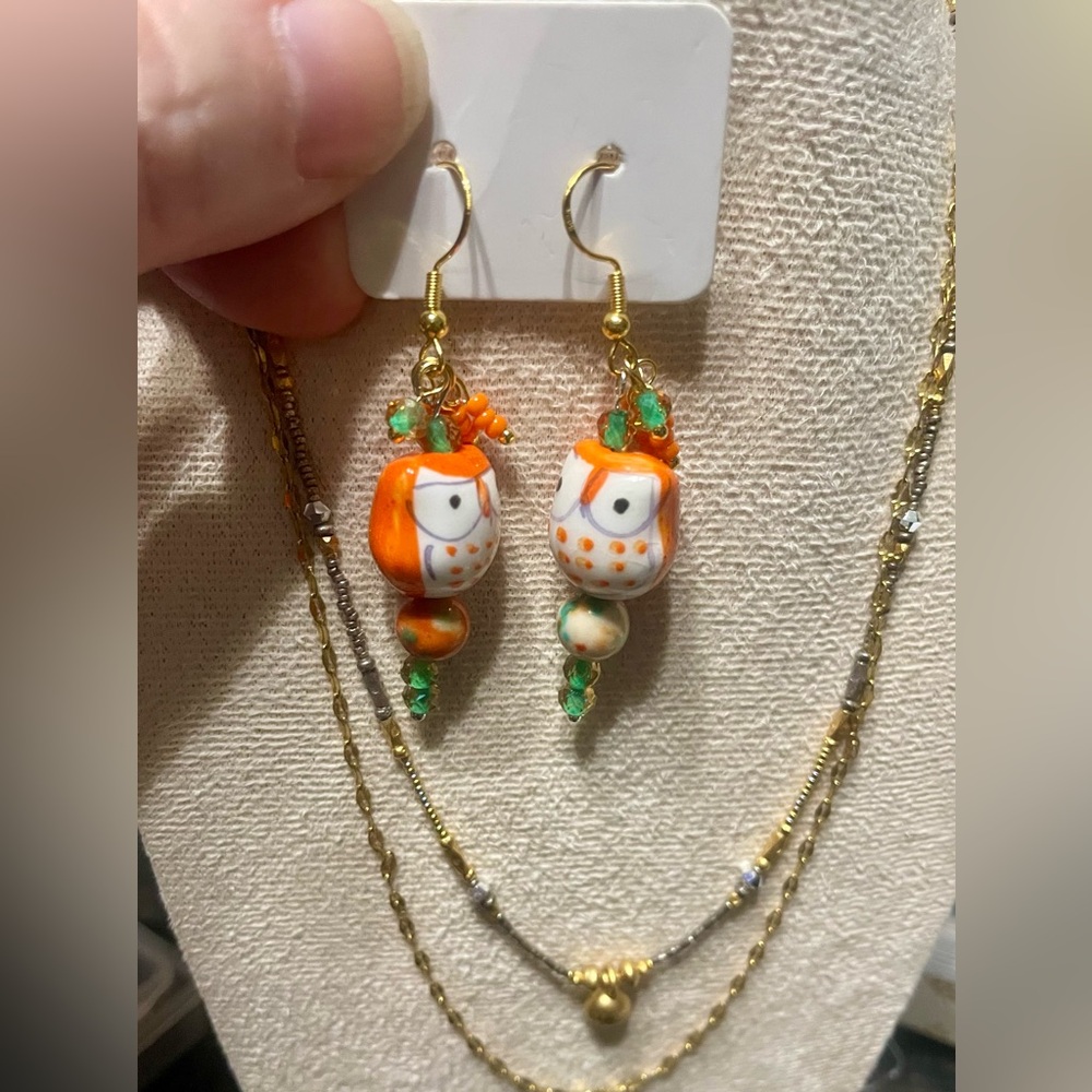 Fun Owl Earrings with Orange and Green Accents - Picture 7 of 9